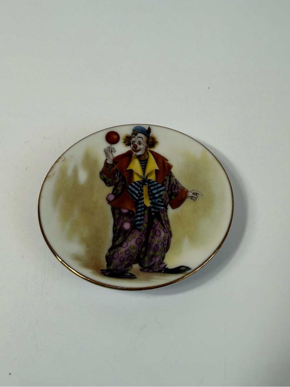 Vintage Whimsical Circus Clown Mini Trinket Dish Gold Rim Porcelain Plate 3.25”